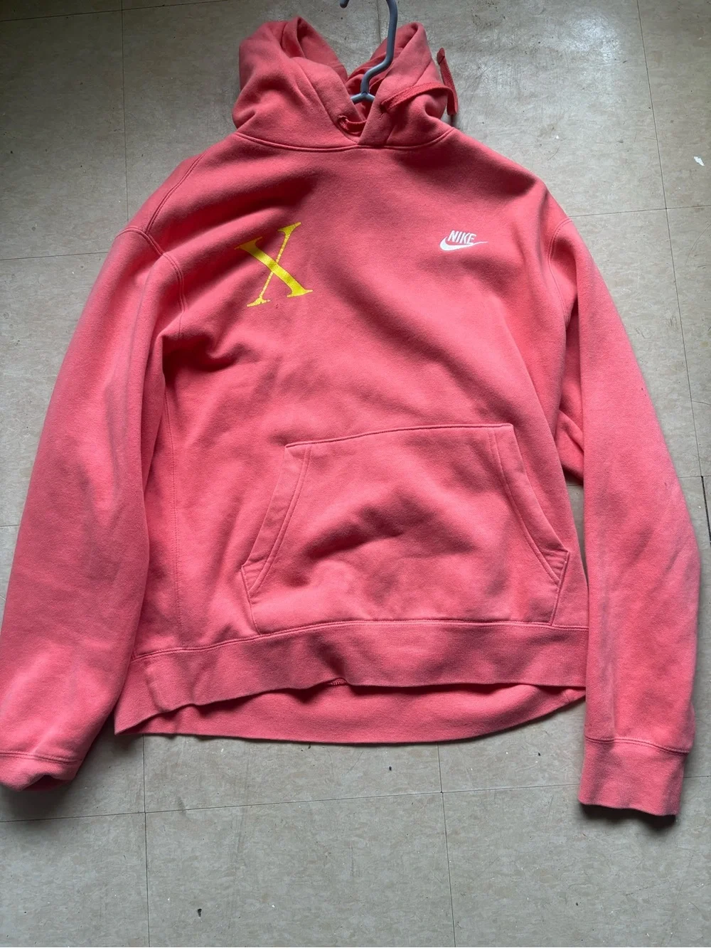 Nike EYBL Crewneck Hoodie in Coral Pink with Yellow Logo